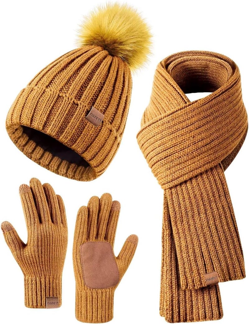 FISFET Winter Beanie Hat Scarf Gloves Set for Women, Womens Beanie with Pom Pom Long Scarf Neck Warmer Touchscreen Gloves 3 in 1 Set - Image 2